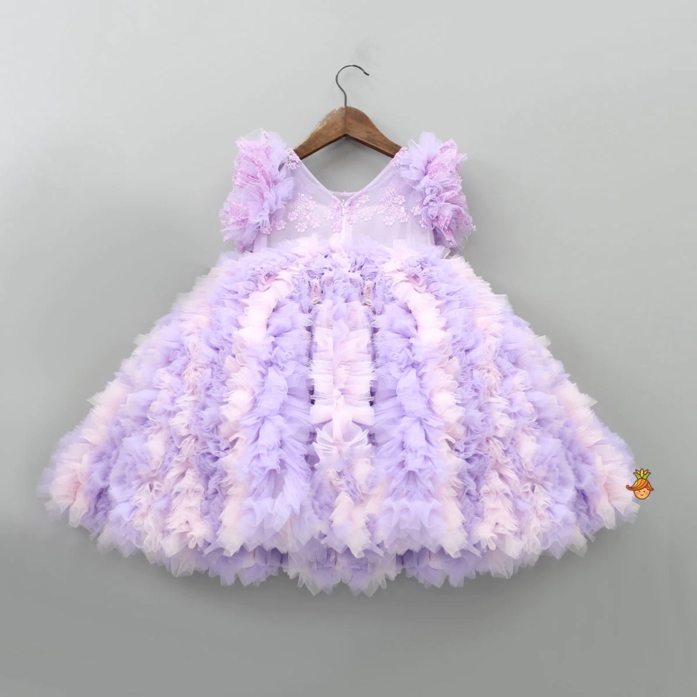 Shaded Lavender Yoke Embroidered Frilly Gown With Hair Clip
